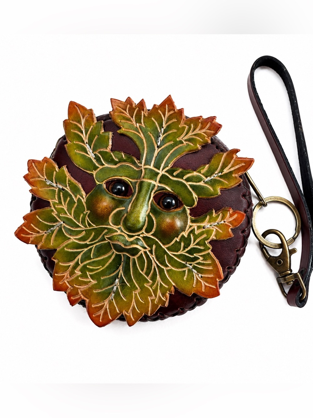 Green Man Leather Coin Purse Wristlet Handmade Embossed Leaf Face Zipper Pouch